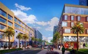 The main retail corridor planned at Brooklyn Basin, a $1.5 billion, 65-acre (26 ha) multiuse redevelopment project on Oakland’s waterfront. (©Signature Development)