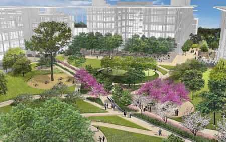 A three-acre (1.2 ha) pedestrian-only central commons is intended to lend the development a collegiate atmosphere. (ExxonMobil)