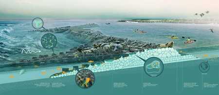 A cross-section rendering by SCAPE/Landscape Architecture of one of a series of breakwaters that would protect the south shore of Staten Island from coastline erosion and damage from extreme weather while also serving as artificial reefs for marine life.