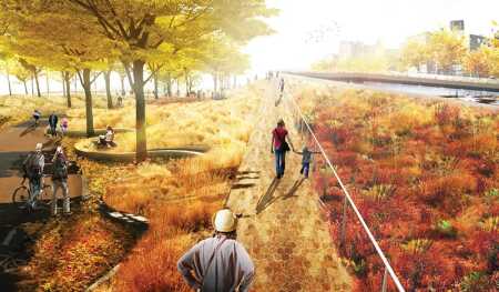 A rendering of BIG’s bridging berm at East River Park. The wide berms are designed to encourage walking and biking as well as protect the shoreline. (rebuilding by design)