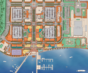 A site plan of the heart of the National Harbor development. The large structure at right is the Gaylord National Resort and Conference Center. (© DDGusa)