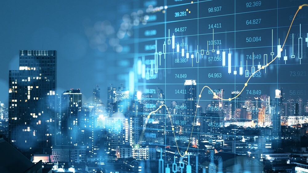 Abstract,Glowing,Big,Data,Forex,Candlestick,Chart,On,Blurry,City