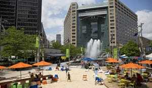 Each summer, a pop-up beach opens to the public at Campus Martius Park in downtown Detroit. The park won the 2010 ULI Urban Open Space Award.