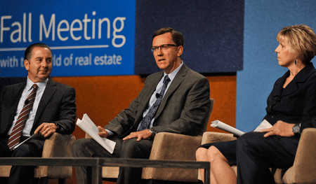 From left to right: David Arena, cohead, corporate real estate JPMorgan Chase; Rod Hoff, vice president of operations, compensation & benefits at State Farm; and Cheryl Hughes, group vice president, corporate resources, Toyota Motor Sales, U.S.A.; speaking at the ULI Fall Meeting in Dallas. 