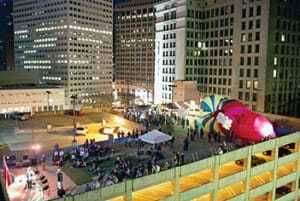 From the Hipp Deck event, CUDC borrowed a parking garage on the former site of the Hippodrome Theater in Cleveland-the largest, most opulent theater between New York City and Chicago until it was demolished in the 1970s to make way for the parking structure. CUDC programmed the parking garage for one night with theatrical uses-opera, movies, music, and snacks. The inflatable structure was created bu Cleveland artist Jimmy Kuehnle. (Matthew Fehrmann)