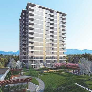 A rendering of Harmony, a 16-story residential tower in the Vancouver suburb of Richmond. The building is set back from the street and incorporates extensive landscaping to help create a relaxing experience for occupants. (Rafii Architects)