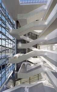 Perkins + Will The New York Police Academy, currently under construction in Queens, will feature a network of glass-faced, daylight-filled pedestrian arteries and a dramatic, cantilevered staircase at the main entrance.