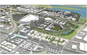 When completed, Oakland’s Coliseum City, a multiuse district to be anchored by three sports facilities, will be the largest mixed-use development in the nation. (©City of Oakland)