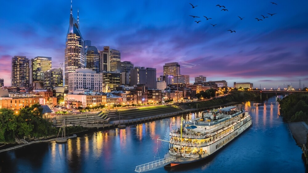 Nashville,Skyline,With,River,And,Sunset