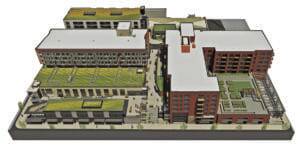 Seven buildings create pedestrian plazas and alleys that reduce the scale and mass of the hillside site while yielding economic and functional benefits. The grocery is on the north portion of the superblock to the left and the hardware store is on the southern portion to the right, with its flanking garden center. (Ankrom-Moisan)