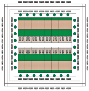 Even if development were restricted to two stories on fee-simple lots on a single block, one could build 16 to 20 two-story 1,600- to 2,000-square-foot (150 to 185 sq m) townhouses, each with an additional 400- to 500-square-foot (37 to 46 sq m) private accessory dwelling, a private courtyard, and a two-car garage accessible from an alley. That achieves a density of 35 to 44 units per net acre (88 to 110 units per ha), even though each unit could have access to more than two parking spaces without need for structured parking or any multifamily buildings. (© Macht & Company)