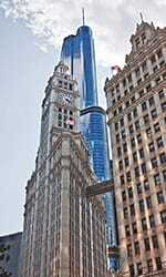 The city’s second-tallest building at 96 stories, Trump International Hotel & Tower Chicago, seen here behind the Wrigley Building, is a mixed-use project on the Gold Coast with 339 hotel rooms, 486 condominiums, and 17 floors of retail and office space.