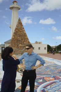 On the site tour, November 2, 2015, ULI panelists visited the Donkin Reserve, which forms part of the City's Route 67, a series of public art works celebrating former president Nelson Mandela's role in the struggle for freedom in South Africa. Dorelle Sapere, planning and development manager for the Mandela Bay Development Agency, speaks with Mark Huppert, principal at Point B Property Development.