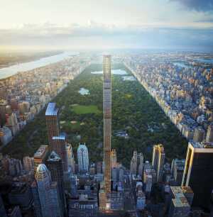 With completion expected this year, 111 West 57th Street in New York City, just two blocks south of Central Park, will be the slimmest tall building in the world. The tower will rise 1,438 feet (438 m) with a width-to-height ratio of 1:24. (©2015 HayesDavidson all rights reserved)