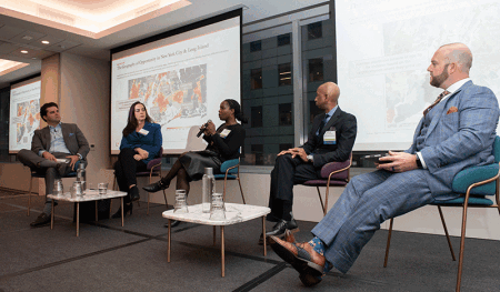 On stage at ULI New York Real Estate Outlook 2023 in New York City. Ricardo Ruiz, partner, PwC; Colleen J. Wenke, president and chief operating officer, Taconic; Onay Payne, managing director of real estate, Lafayette Square; James H. Simmons III, CEO and founding partner, Asland Capital Partners; and Bill Staffieri, partner, PwC.