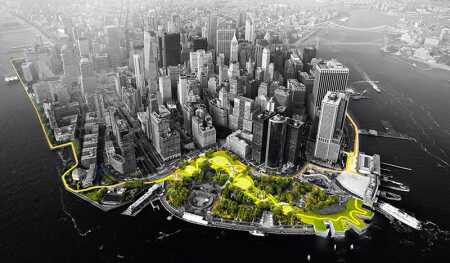 The “Big U” plan developed by BIG would create a wide berm with trees and plants along the edge of Manhattan at the Battery. The design creates areas for walking and other recreation in a green space that would hinder and manage water intrusion during storms. (rebuilding by design)