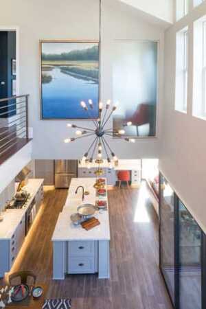 Looking down on the living space from the second floor of the Farmhouse. (BUILDER Magazine)