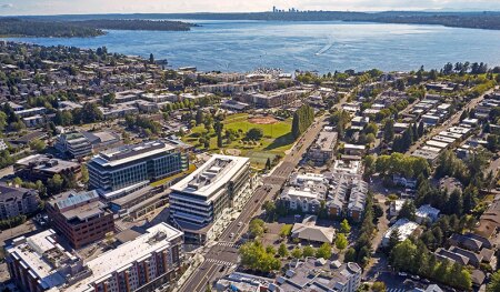 The recent state of completion of Kirkland Urban. The red-brick Parkland Place office building has not yet been replaced by Kirkland East. (CollinsWoerman)