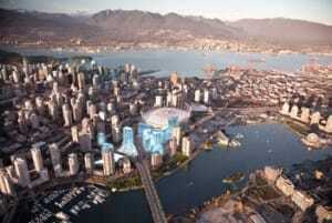 A rendering of Vancouver's sports and entertainment district, showing the planned False Creek Central development, announced in late 2013. Plans call for eight buildings with more than 1,300 condominiums, and 90,000 square feet (8,400 sq. m) of commercial, retail, and service businesses. (Concord Pacific)