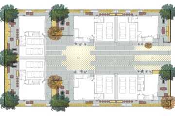 The lots are different sizes, offering somewhat varied private outdoor space. The two front houses (at right) are 1,800 square feet (167 sq m). The two lots at the rear (at left) are 1,600 square feet (149 sq m). The two houses between the others are the largest at 2,000 square feet (186 sq m) each. At grade, a garage houses two cars, one compact. (RCH Studios)