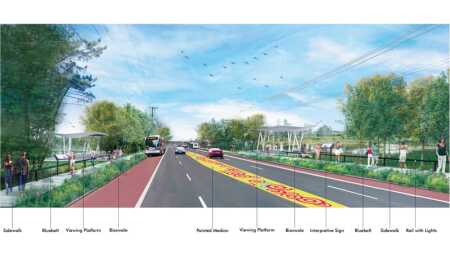 On Staten Island, the NY Rising Community Reconstruction Program has proposed integrating the New Creek Bluebelt into the public realm along Hylan Boulevard, the main commercial corridor of the borough. This would increase public awareness of the Bluebelt and the probability that it will be properly maintained. (Perkins Eastman)