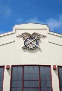 Fort Mason Pier 2’s rehabilitated U.S. Army emblem. (Bruce Damonte)