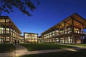 LS3P designed this headquarters of Live Oak Bank, a privately held financial institution in Wilmington, North Carolina. In planning the structure, LS3P sought to preserve trees and natural features of the site while providing views from every office and workspace. (Mark Herboth Photography)