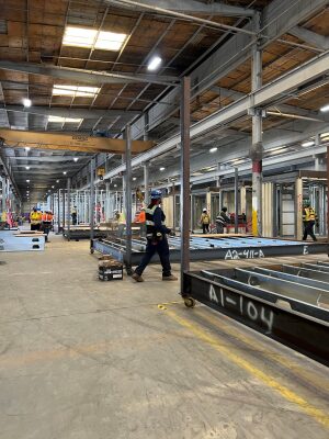 CRATE Modular's factory in Carson, California. CRATE Modular manufactures modular construction components for multifamily, educational facilities and commercial and hospitality spaces.