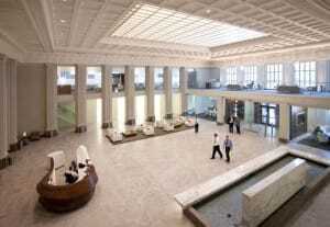 The Cleveland law firm of Calfee, Halter & Griswold signed a 20-year lease for a seven-story, 115,000-square-foot (11,000 sq m) structure developed by CRM in downtown Cleveland. Now named the Calfee Building, the nearly century-old building is on the National Register of Historic Places. It was originally built for the East Ohio Gas Company in 1916 and was recently awarded LEED Gold certification. (Donald Lesko for Calfee, Halter & Griswold LLP)