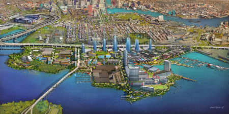 Sagamore Development is planning to transform 266 acres (108 ha) of a former industrial site in Port Covington, Maryland, into a waterfront destination over the next three decades. The redevelopment will include a planned 50-acre (20 ha), 3 million-square-foot (279,000 sq m) campus for 5,000 Under Armour employees. (© Sagamore Development)