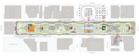 The site plan of the Transbay project, which is nearly five blocks long. A rooftop park adds a large stretch of green space to the city. (PWP Landscape Architecture)