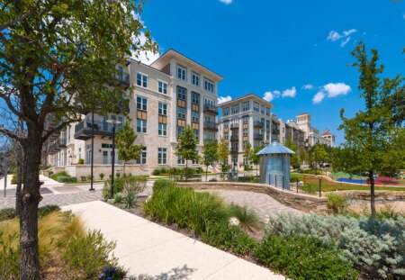Drought-tolerant plants and a cistern that captures rain and air-conditioning condensate for irrigation help protect the park amenity at the Residences at La Cantera from drought.