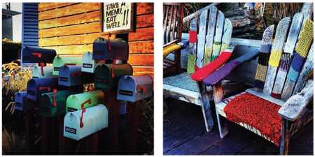 The CAMP in Costa Mesa mixes traditional vernacular forms to create a new type of shopping environment. Multicolored mailboxes and, as shown on the magazine’s cover, yarnbombed Adirondack chairs are some of the quirky touches that adorn the shopping center. (Sean Slater)