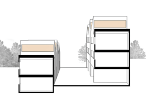 By using the bottom of the upper row for covered parking for each of the eight units, the upper row was elevated a full story above the lower one. Building the units as duplexes reduced the parking required from what it would have been as apartments, a 1:1 per unit versus 1.25:1 parking ratio for one-bedroom units. (© Waechter Architecture)