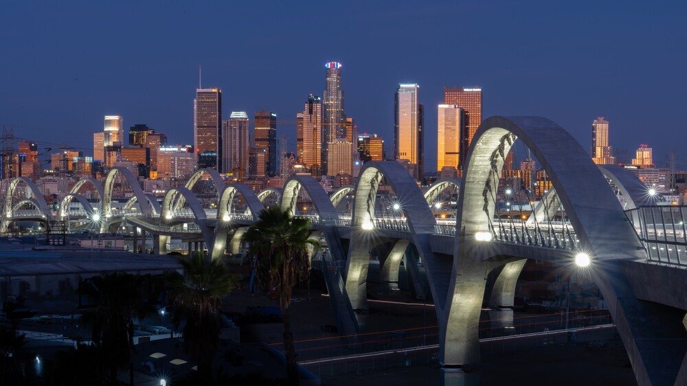 Downtown,Los,Angeles,New,6th,Street,Bridge,At,Sunrise,With