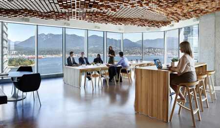 CBRE's Vancouver office offers seating at different heights, plus a combination of natural materials and direct sun light.
