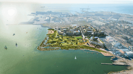 The 17-acre (6.9 ha) India Basin mixed-use development located fives miles (8 km) south of the Financial District on San Francisco’s Southeast Waterfront.