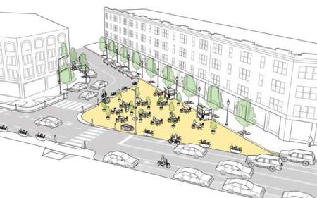 An illustration of an interim public plaza. (Credit: NACTO)