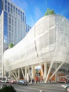 The view from Beale Street shows the transit center’s bright and open design. (Pelli Clarke Pelli Architects)