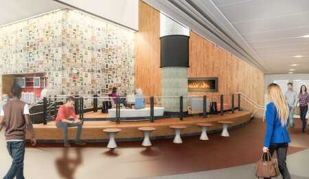 ©CBT Architects. As part of rebranding the Schrafft’s City Center office complex in Boston as multitenant office space, CBT Architects is renovating the entry, lobby, and corridors. The design incorporates a fireplace, flexible seating, warm wood tones, and a food grab-and-go prep area to make the public areas appealing.