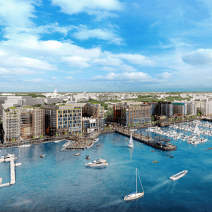 The Wharf, a mile-long waterfront neighborhood stretching across 24 acres (8 ha) of land and more than 50 acres (20 ha) of water, is being developed by Hoffman-Madison Waterfront in Washington, D.C. The first phase, scheduled to include 1.9 million square feet (177,000 sq m) of mixed-use space, is expected to be delivered in October 2017. (© hoffman-madison waterfront)