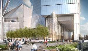 Architecture firm Kohn Pedersen Fox seeks to connect Hudson Yards to the rest of the city by allowing the High Line park to penetrate under the 10 Hudson Yards tower through a 60-foot-long (18.3 m) public passageway. (related-oxford)