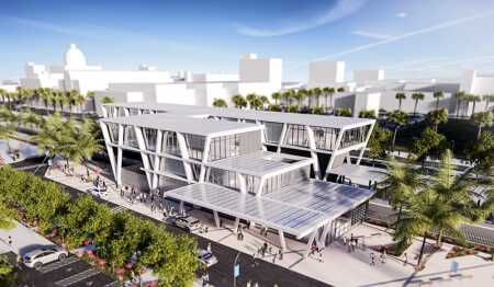 ©Brightlline. All Aboard Florida is developing a two-acre (0.8 ha), 60,000-square-foot (5,600 sq m) station in West Palm Beach for its Brightline higher-speed train service scheduled to link Miami, Fort Lauderdale, and West Palm Beach later this year. The West Palm Beach station will connect with the neighborhood’s existing vehicle, trolley, and pedestrian networks.