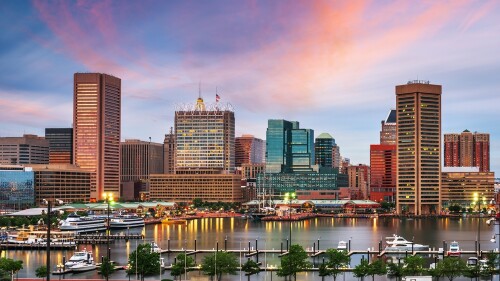 Baltimore,,Maryland,,Usa,Skyline,On,The,Inner,Harbor,At,Dusk.