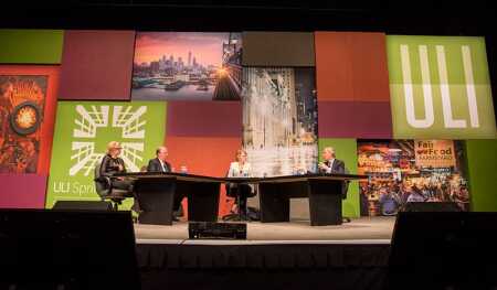 From left to right: Greta Guggenheim, CEO of TPG Real Estate Finance Trust; William Hankowsky, CEO of Liberty Property Trust; Constance Moore, a corporate director with BRIDGE Housing Corporation and TriPointe Group; and Gerald Sweeney, CEO of Brandywine Realty Trust.