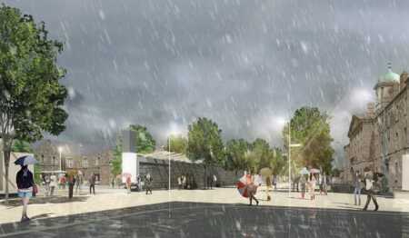 A new primary gateway entrance serves to unite existing historical, protected buildings into a central village of civic, academic, and student life. (MOORE RUBLE YUDELL ARCHITECTS & PLANNERS)