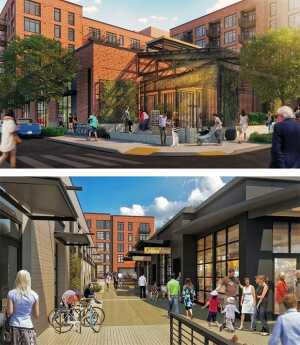 Left: The hardware store has a garden center nursery on its south side that is framed in dark steel under a glazed truss roof (Ankrom-Moisan). Right: The grocery, on the left, offers specialty foods for on-site consumption and opens onto Market Terrace, which faces small retailers on the podium level (Ankrom-Moisan).