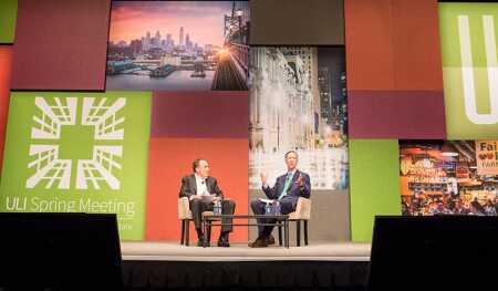 At right, F. William McNabb III, chairman and chief executive officer of Vanguard, speaking with William J. Ferguson, Chairman and CEO of Ferguson Partners Ltd., at the ULI Spring Meeting in Philadelphia.