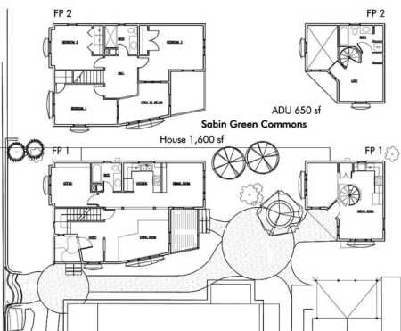 Because condominiums are governed by state statute, Portland developer Eli Spevak was able to create and sell four detached homes (two primary dwellings and two detached PADs around a shared, central, circular brick-paved courtyard) as condominiums. Two first-time homebuyers, otherwise excluded by market prices from buying larger houses, could therefore purchase the two small units. (Lakeman Communitecture-Spevak)