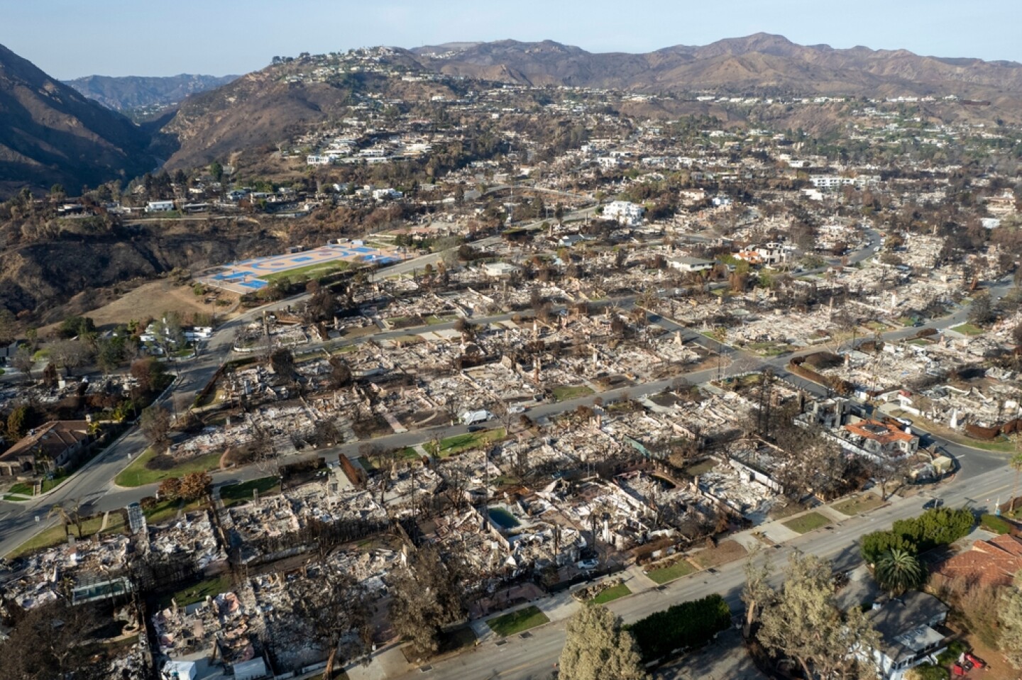 A,Drone,Captures,Structures,Damaged,By,The,Palisades,Fire,In
